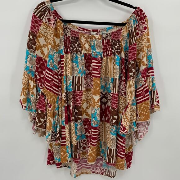 Womens 22/24W Peasant Top Smocked Ruffle Patchwork Plus Sz Boho Hippie Festival - Picture 1 of 11